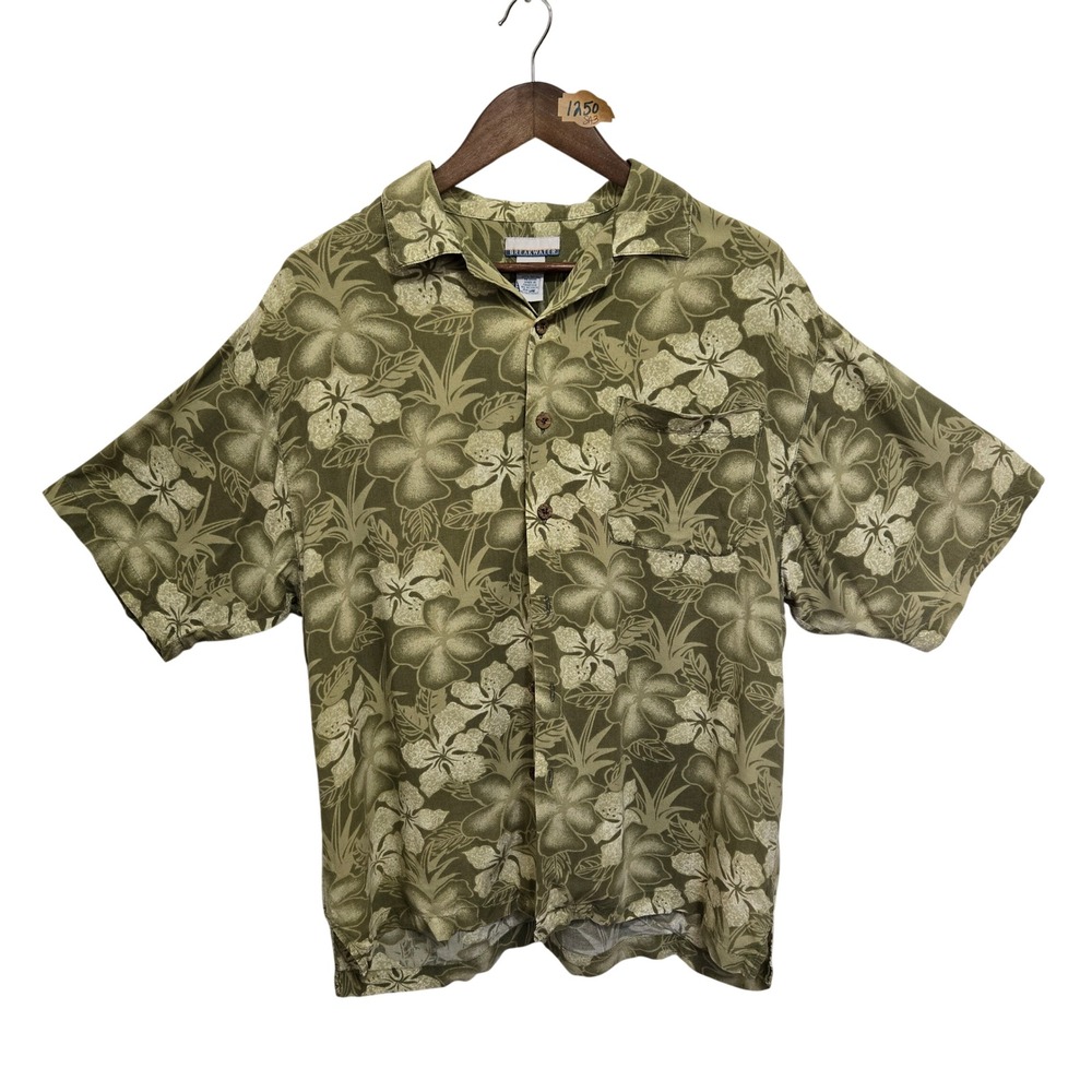 Breakwater Mens Olive Green Hibiscus Floral Rayon Short Sleeve Camp Shirt Size M